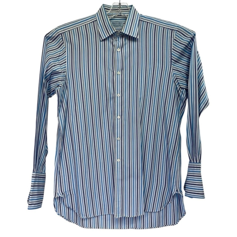 Hilditch & Key Mens 16-41 Blue/White/Grey Striped French Cuffs Dress Shirt (i26)